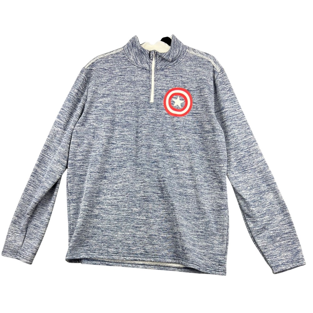 Marvel Captain America Mens LRG Quarter Zip Pullover Blue Space Dye Shield NWOT